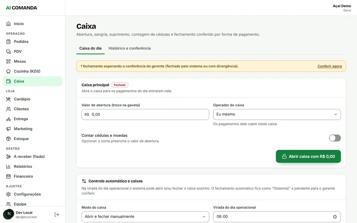 Tela do caixa do AI Comanda com abertura e controle automático