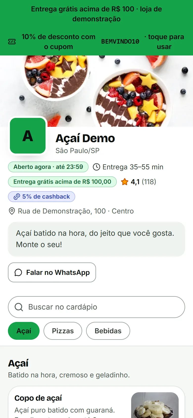 Cardápio público da loja de demonstração aberto no celular