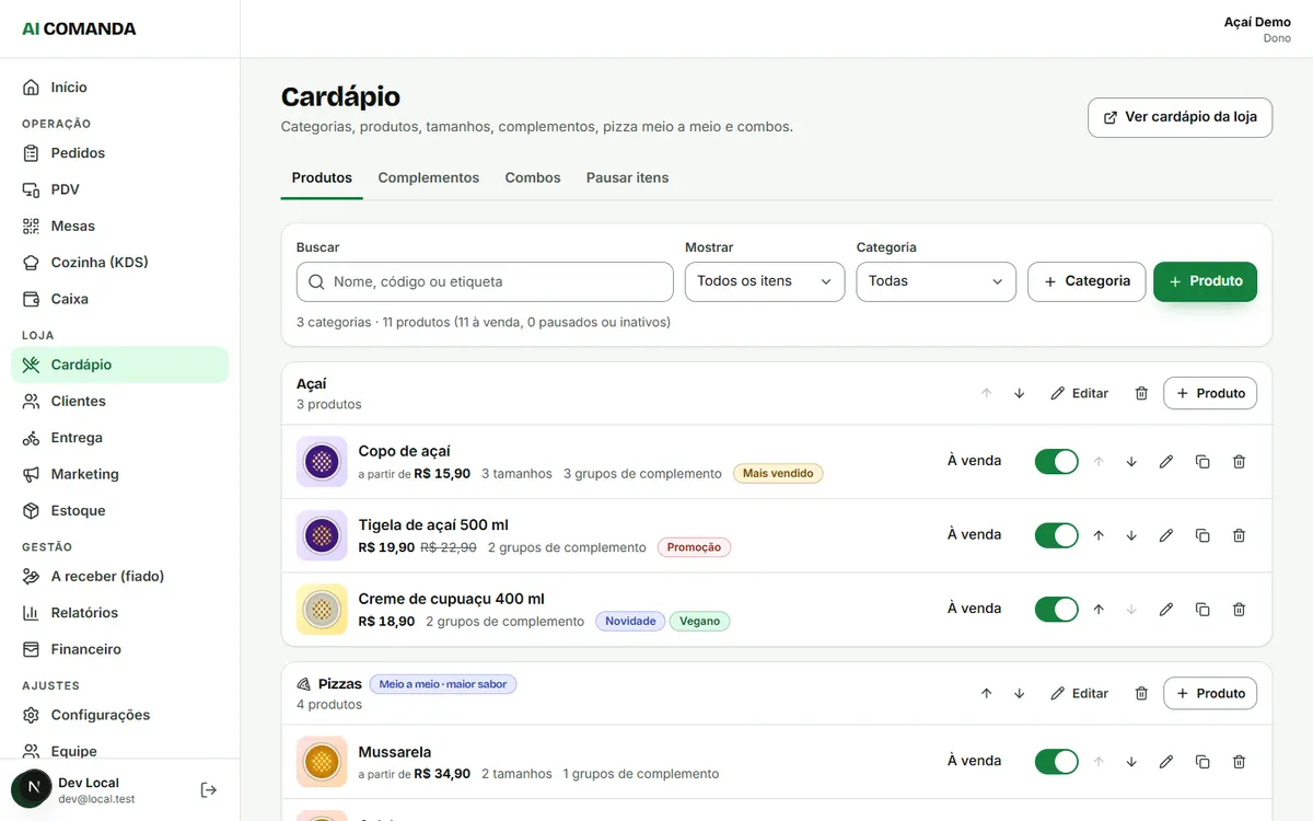 Tela do painel do AI Comanda com a lista de produtos do cardápio, tamanhos e complementos