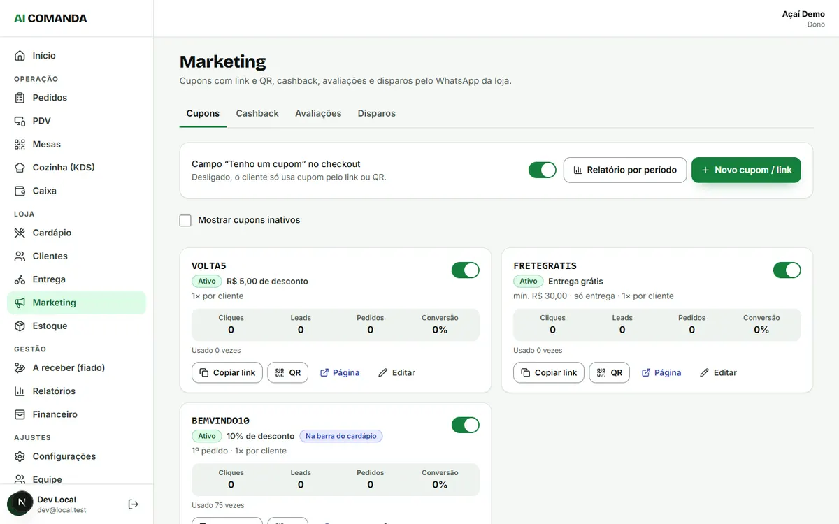 Lista de cupons do AI Comanda com cliques, leads, pedidos e conversão
