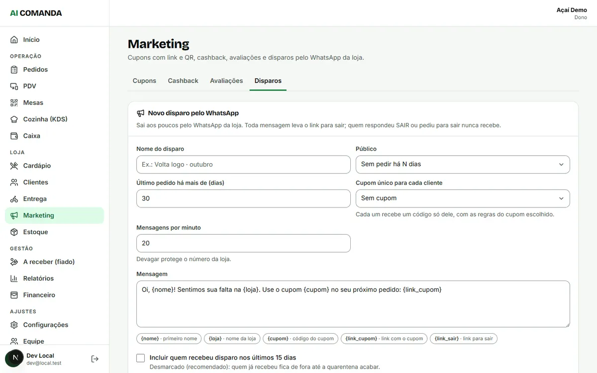Tela de novo disparo pelo WhatsApp com público e mensagem
