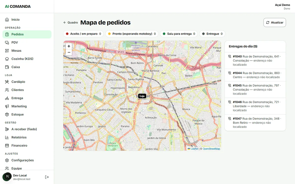 Mapa de pedidos do AI Comanda com as entregas do dia