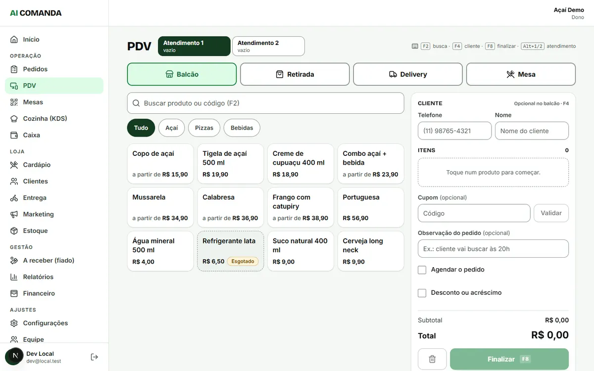 Tela do PDV do AI Comanda com produtos, cliente e total do pedido