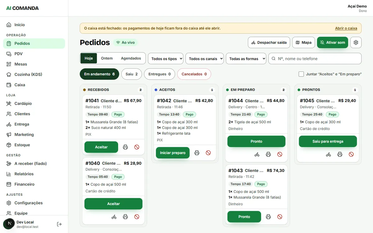 Quadro de pedidos do AI Comanda com colunas recebidos, aceitos, em preparo e prontos