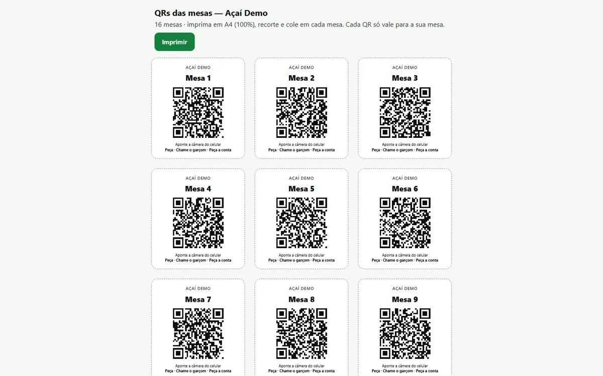 Folha de QR Codes das mesas pronta para imprimir